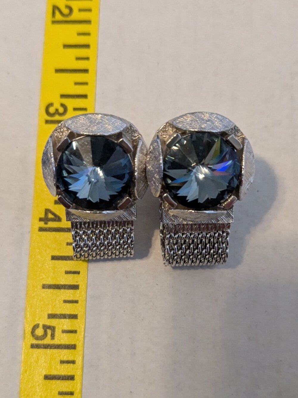 Vintage Silver Tone Mesh Wrapped Faceted Blue Rivoli Crystal Cuff Links
